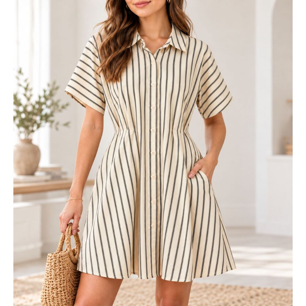 Japaa Striped 100% Cotton Short Sleeve Shirtdress - Size L